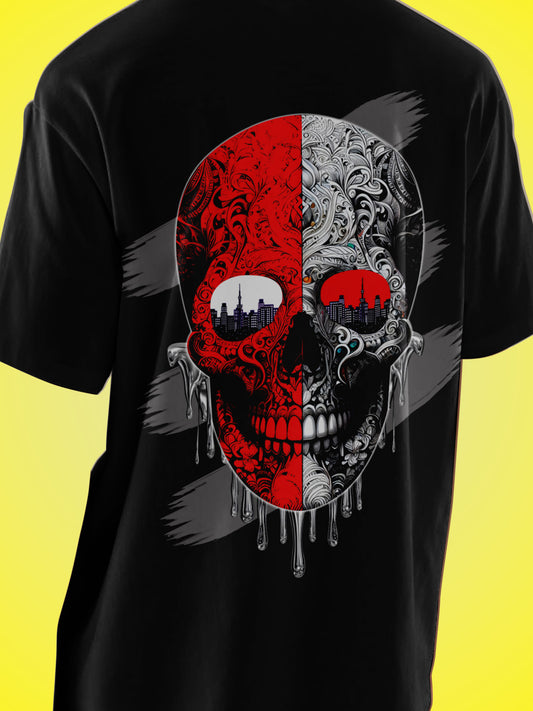 One-Shot Drop Urban Skull Art Printed Black Oversized Unisex T-Shirt