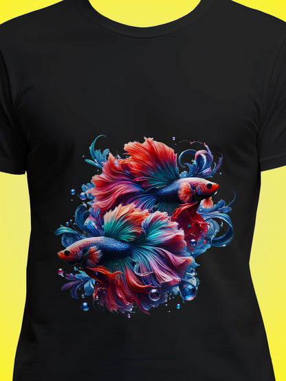 Elegant Betta Fishes Black Printed Regular Fit Unisex T-Shirt