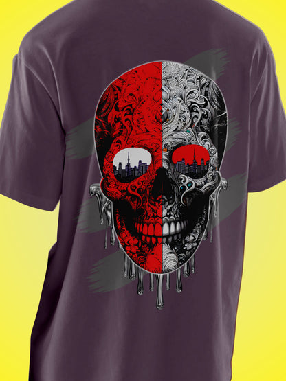 One-Shot Drop Urban Skull Art Printed Mauve Oversized Unisex T-Shirt