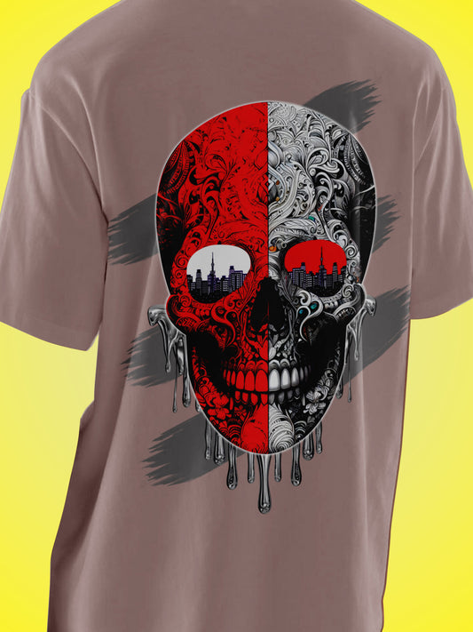 One-Shot Drop Urban Skull Art Printed Rosewood Oversized Unisex T-Shirt