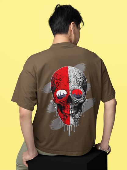 One-Shot Drop Urban Skull Art Printed Brown Oversized Unisex T-Shirt
