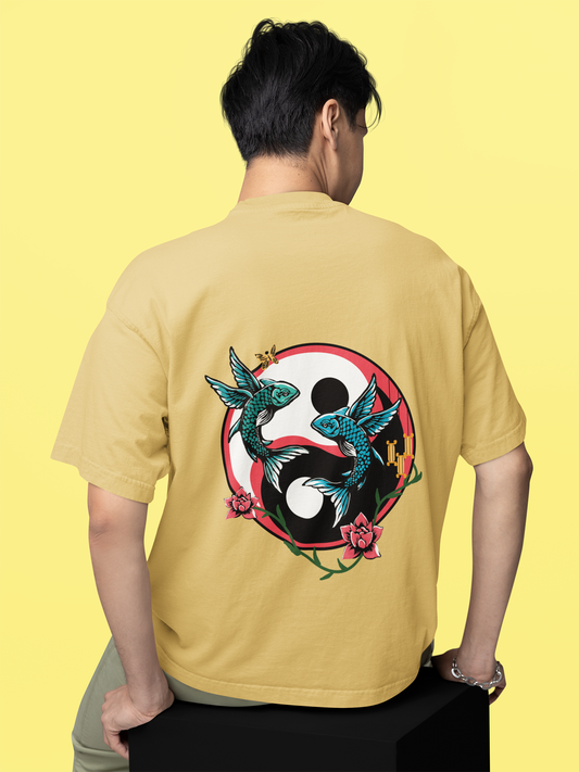 One-Shot Drop Balance Art Work Printed Beige Oversized Unisex T-Shirt