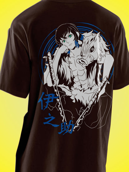 Anime Demon Slayer Inosuke Hashibira Printed Brown Oversized Unisex T-Shirt