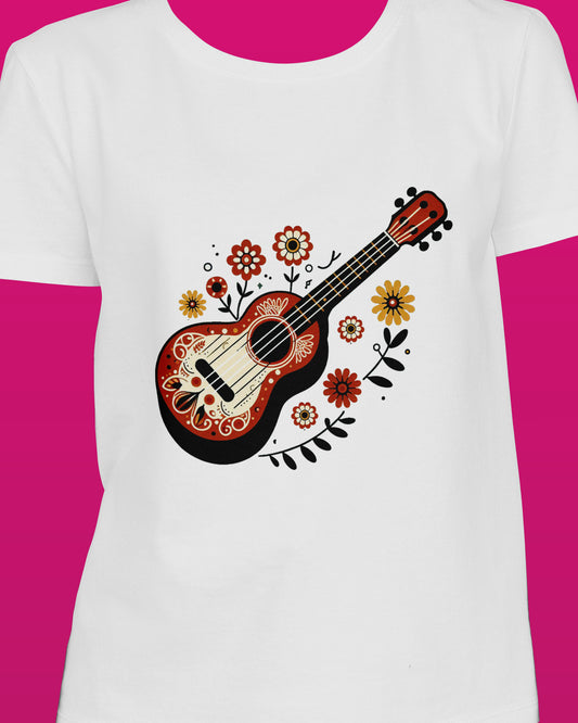 Guitar White Printed Regular Fit Women T-Shirt