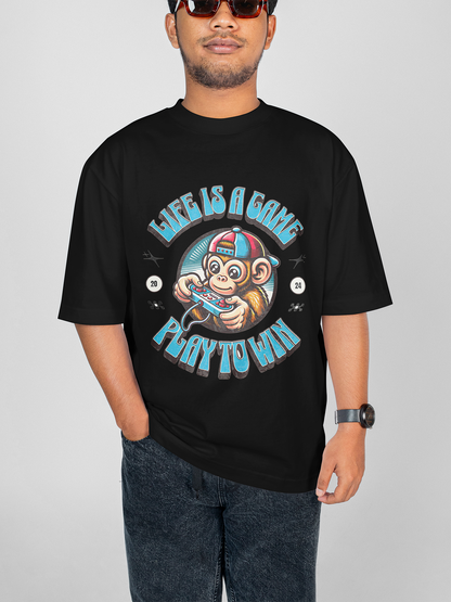 Gamer Monkey Graphic Print Unisex Black Oversized T-Shirt