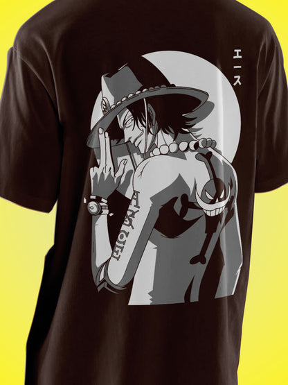 Anime One Piece Portgas D. Ace Printed Brown Oversized Unisex T-Shirt
