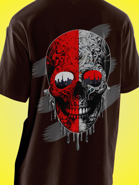 One-Shot Drop Urban Skull Art Printed Brown Oversized Unisex T-Shirt