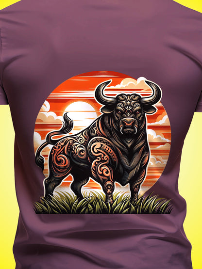 Two Tail Bull Maroon Printed Regular Unisex Fit T-Shirt