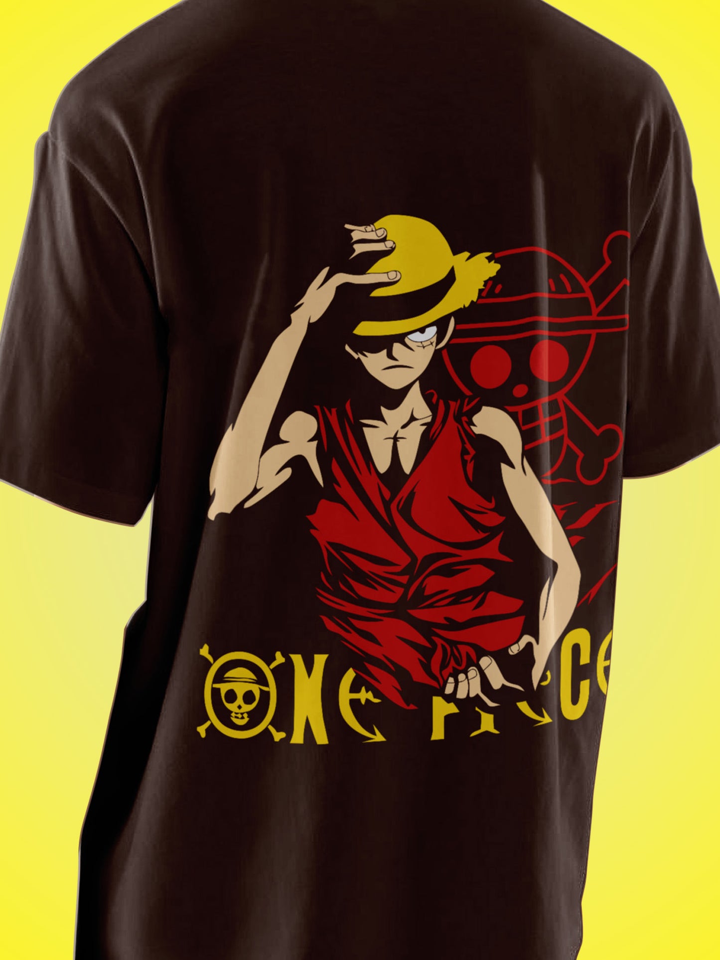Anime One Piece Monkey D. Luffy Printed Brown Oversized Unisex T-Shirt