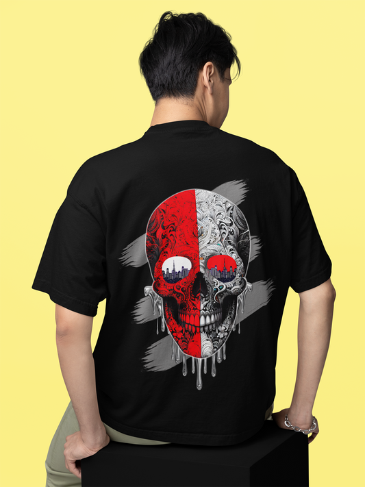 One-Shot Drop Urban Skull Art Printed Black Oversized Unisex T-Shirt