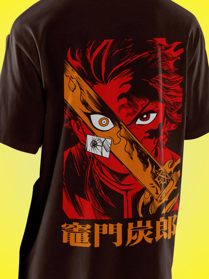 Anime  Demon Slayer Tanjiro Kamado Printed Brown Oversized Unisex T-Shirt