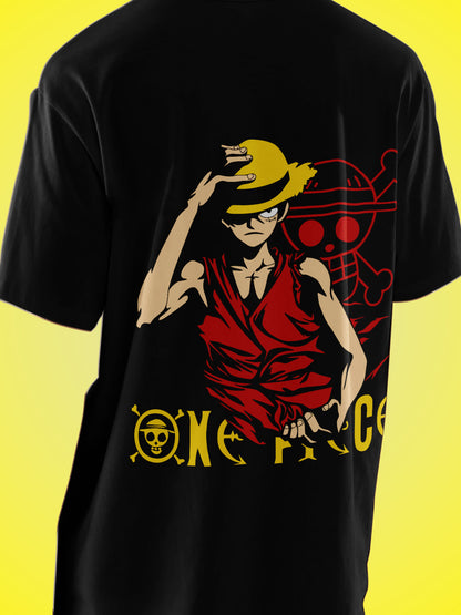 Anime One Piece Monkey D. Luffy Printed Black Oversized Unisex T-Shirt