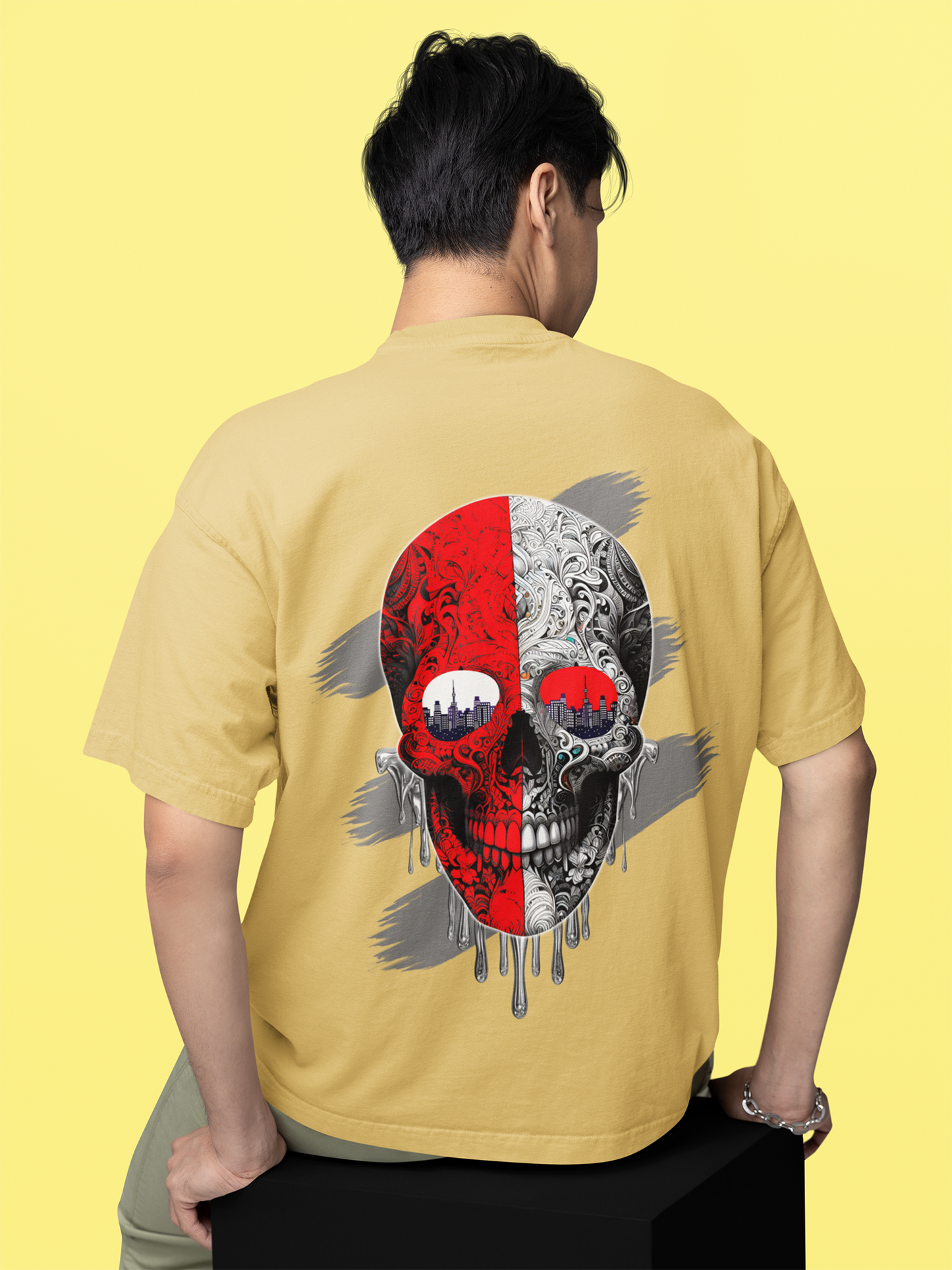 One-Shot Drop Urban Skull Art Printed Beige Oversized Unisex T-Shirt
