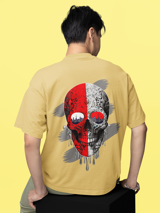 One-Shot Drop Urban Skull Art Printed Beige Oversized Unisex T-Shirt