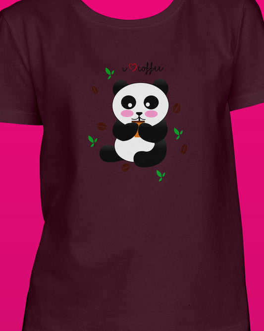 I Love Coffee Panda Maroon Printed Regular Fit Women T-Shirt