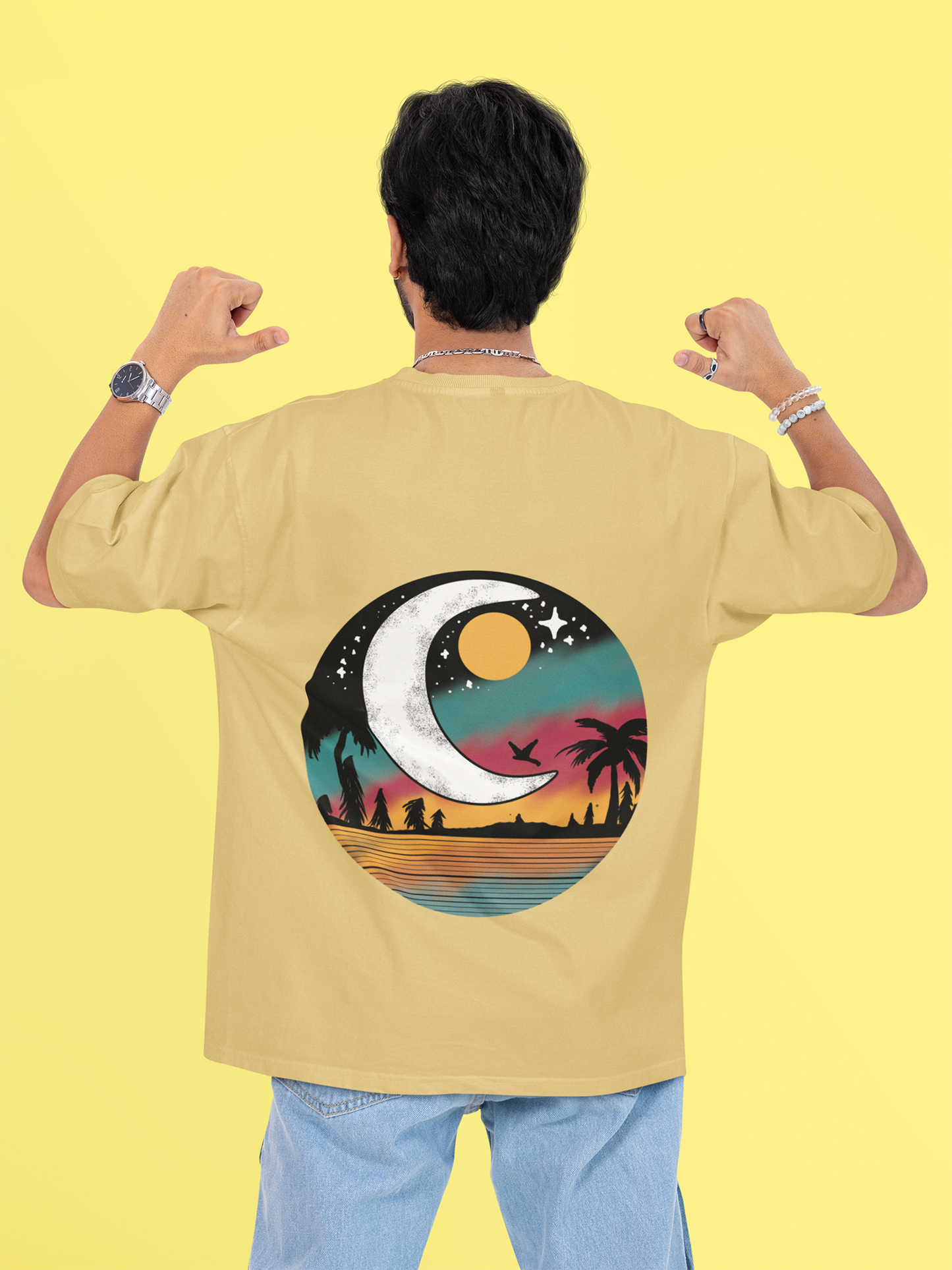 Retro Sunset & Moon Graphic Beige Uinsex Oversized T-Shirt – Beach & Nature Aesthetic