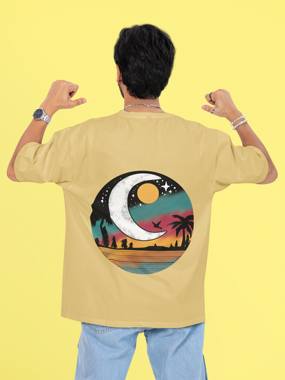 Retro Sunset & Moon Graphic Beige Uinsex Oversized T-Shirt – Beach & Nature Aesthetic
