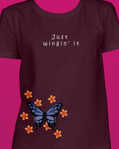 Butterfly Maroon Printed Regular Fit Women T-Shirt