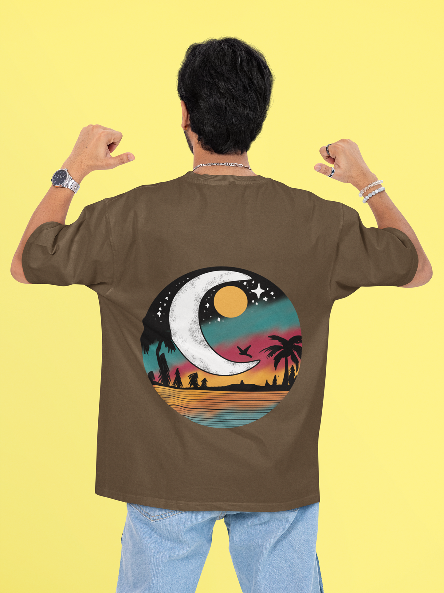 Retro Sunset & Moon Graphic Brown Uinsex Oversized T-Shirt – Beach & Nature Aesthetic