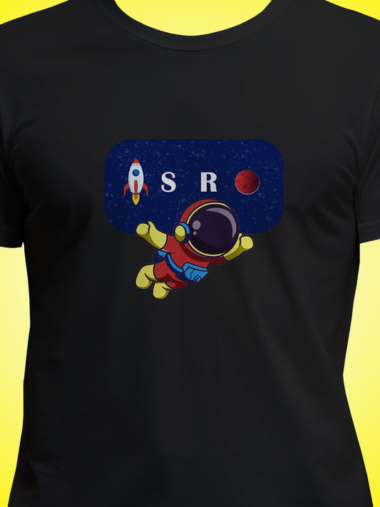 ISRO Black Printed Regular Fit Unisex T-Shirt