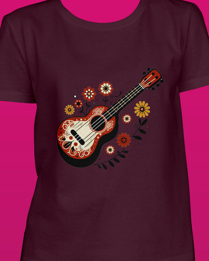 Guitar Maroon Printed Regular Fit Women T-Shirt