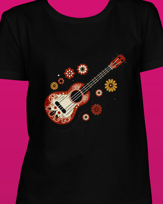 Guitar Black Printed Regular Fit Women T-Shirt