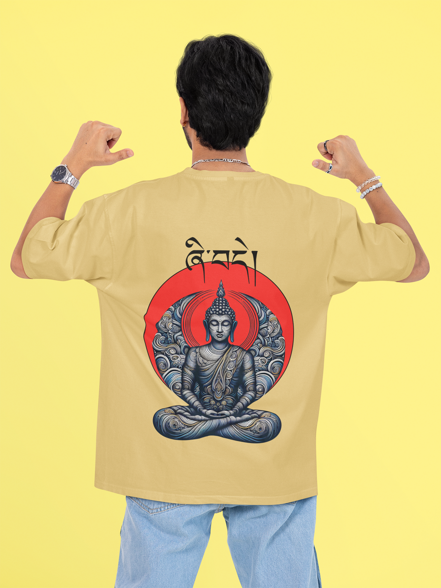 Buddha Spiritual Graphic – Art Design print Beige Unisex Oversized T-Shirt