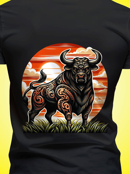Two Tail Bull Black Printed Regular Fit Unisex T-Shirt