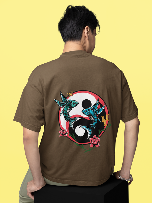 One-Shot Drop Balance Art Work Printed Brown Oversized Unisex T-Shirt