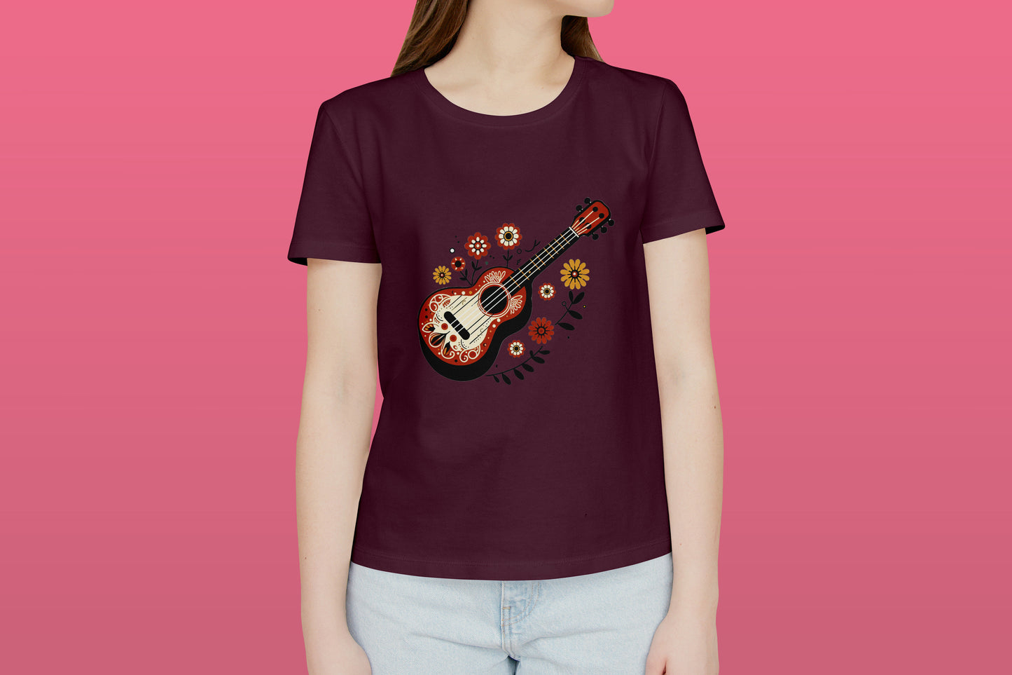 Guitar Maroon Printed Regular Fit Women T-Shirt