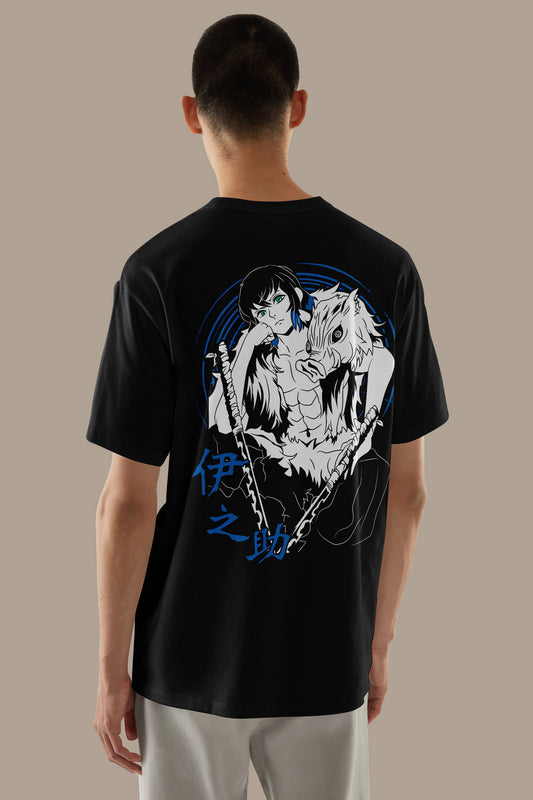 Anime Demon Slayer Inosuke Hashibira Printed Black Oversized Unisex T-Shirt