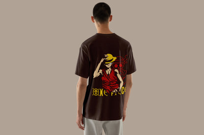 Anime One Piece Monkey D. Luffy Printed Brown Oversized Unisex T-Shirt