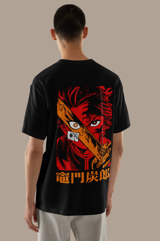 Anime Demon Slayer Tanjiro Kamado Printed Black Oversized Unisex T-Shirt
