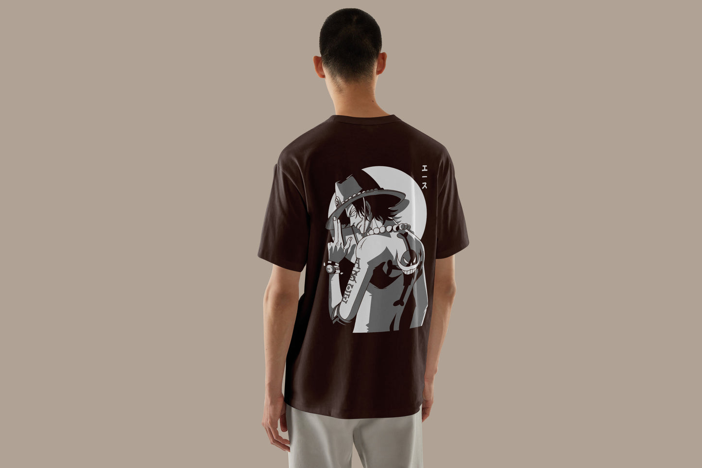 Anime One Piece Portgas D. Ace Printed Brown Oversized Unisex T-Shirt
