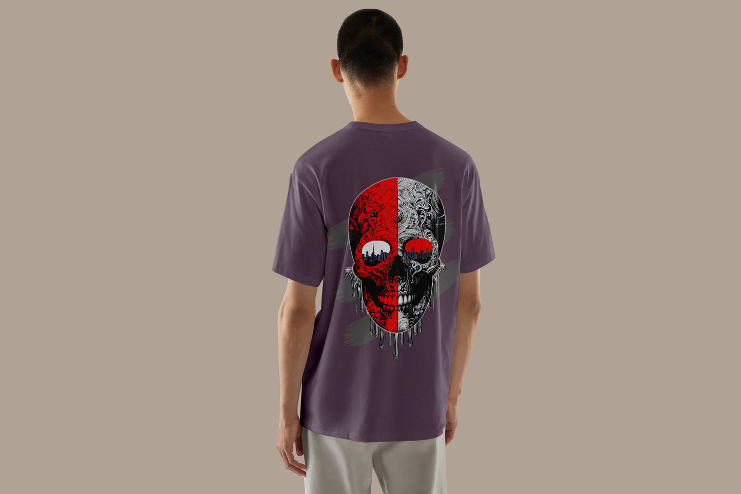 One-Shot Drop Urban Skull Art Printed Mauve Oversized Unisex T-Shirt