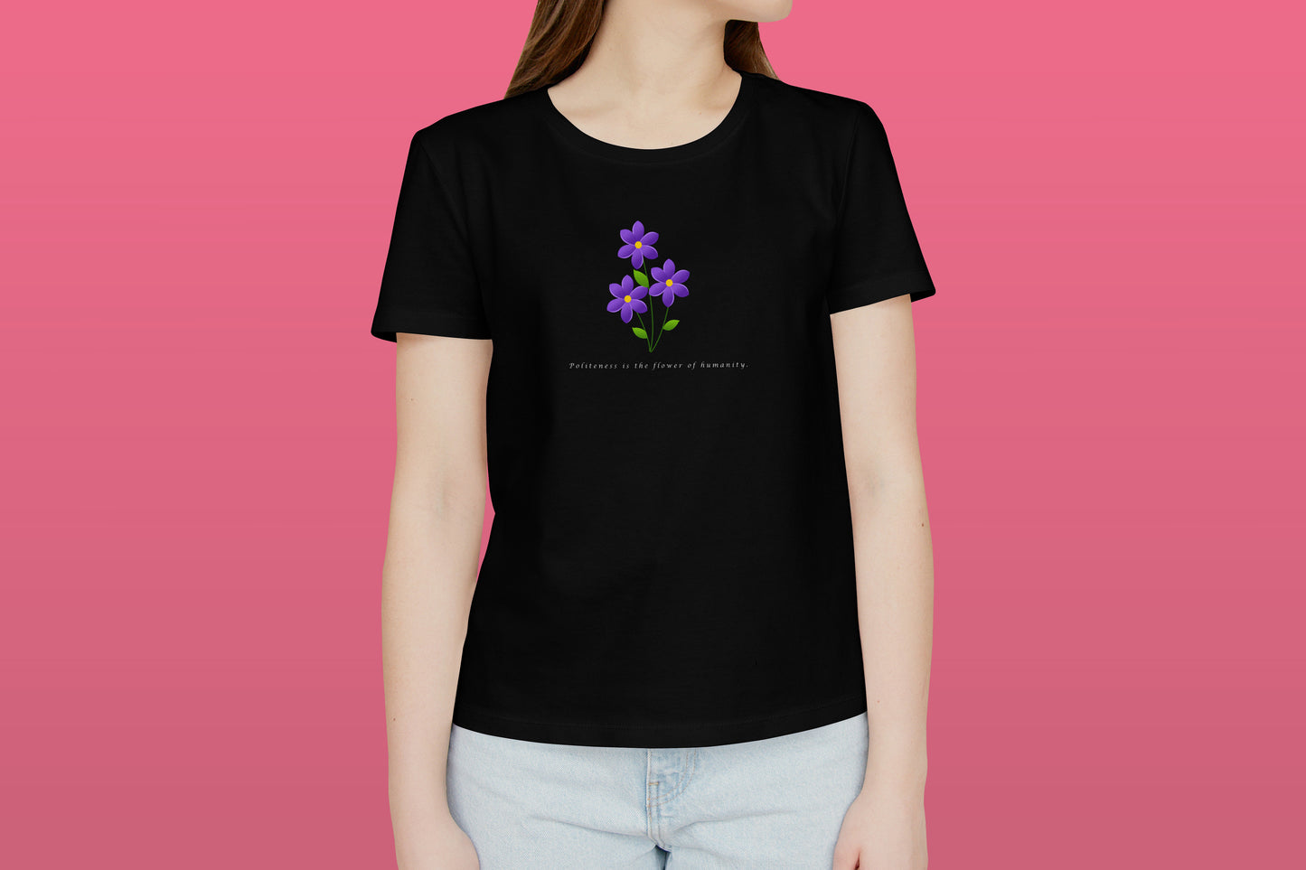 Flowerl Black Printed Regular Fit Girl T-Shirt