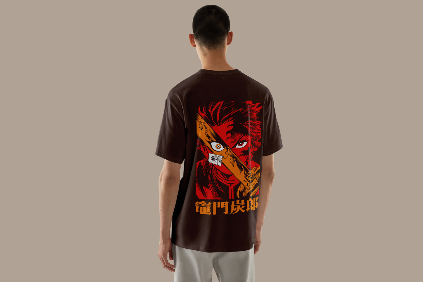 Anime  Demon Slayer Tanjiro Kamado Printed Brown Oversized Unisex T-Shirt