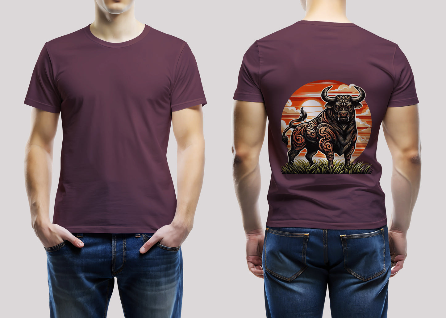Two Tail Bull Maroon Printed Regular Unisex Fit T-Shirt