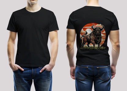 Two Tail Bull Black Printed Regular Fit Unisex T-Shirt