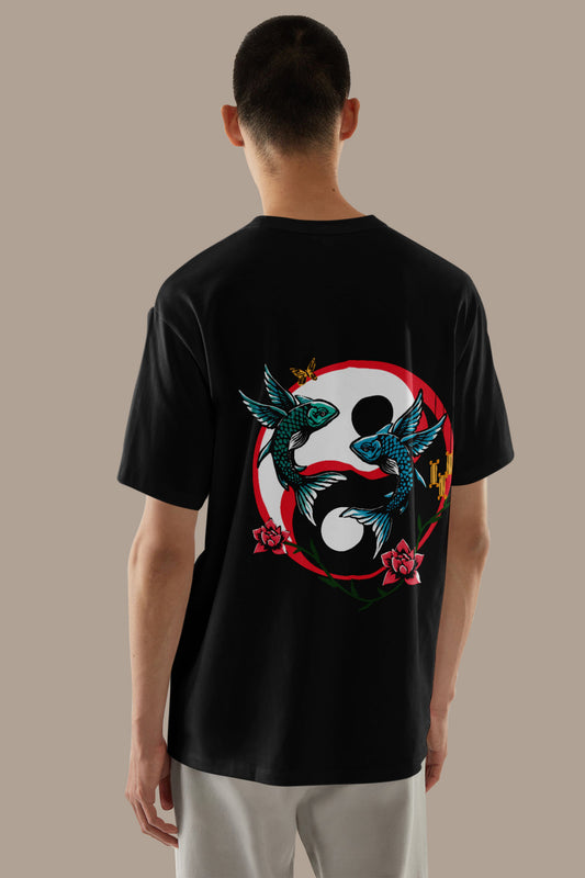 One-Shot Drop Balance Art Work Printed Black Oversized Unisex T-Shirt