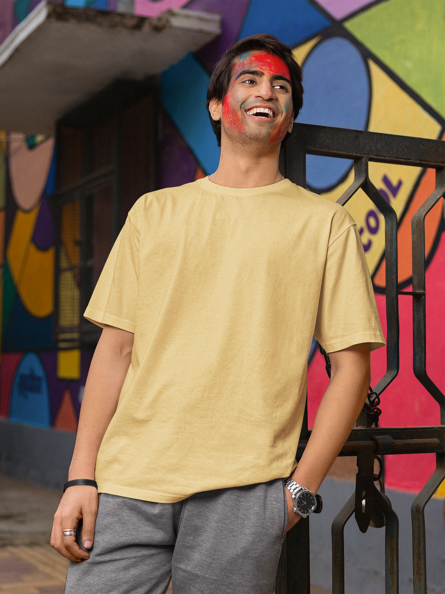 Classic Beige Holi Unisex Oversized T-Shirt – Comfortable & Stylish Festive Wear