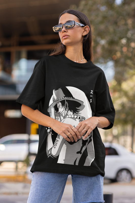 Anime One Piece Portgas D. Ace Printed Black Oversized Unisex T-Shirt