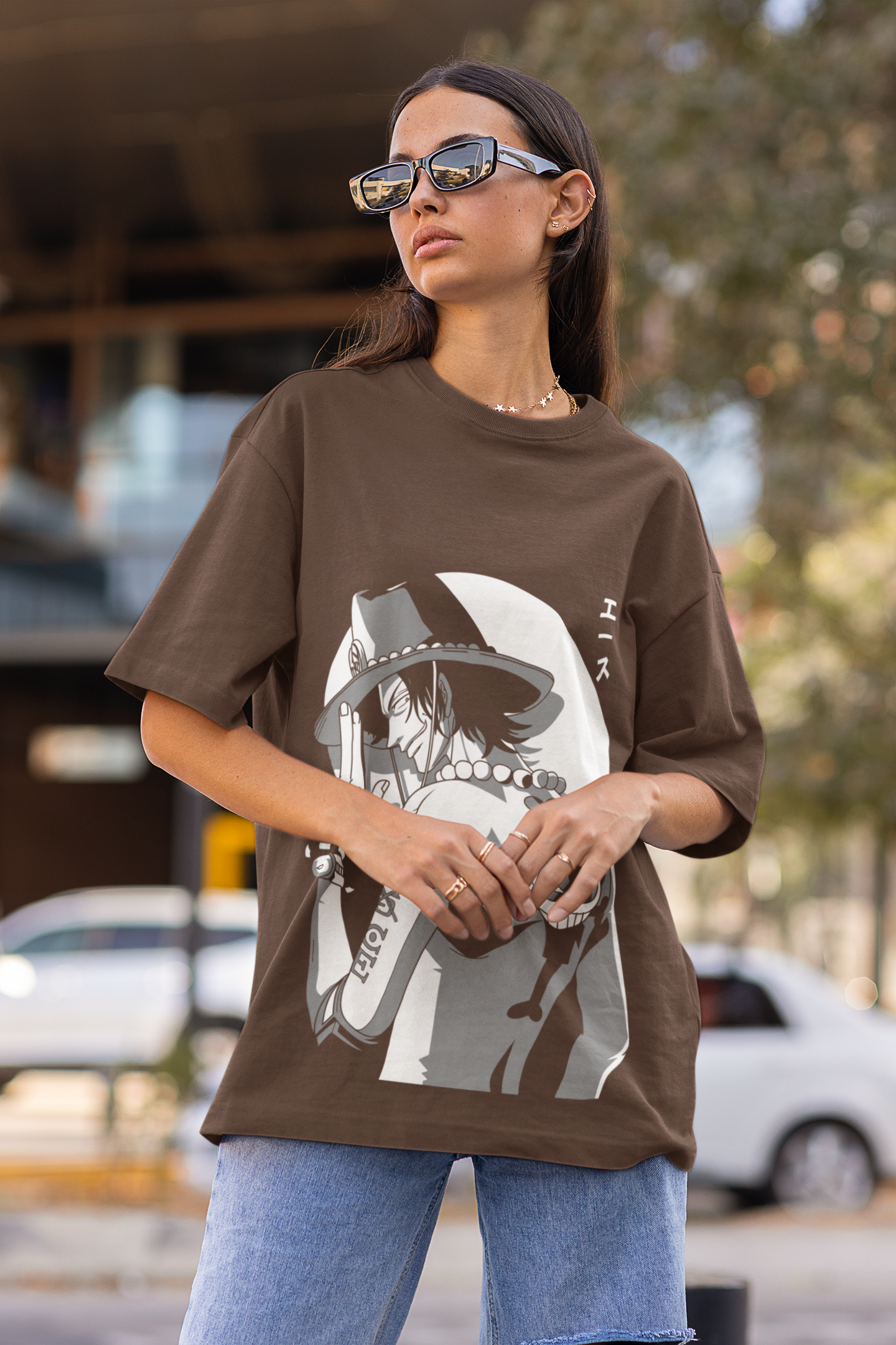 Anime One Piece Portgas D. Ace Printed Black Oversized Unisex T-Shirt