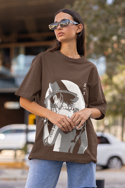Anime One Piece Portgas D. Ace Printed Black Oversized Unisex T-Shirt
