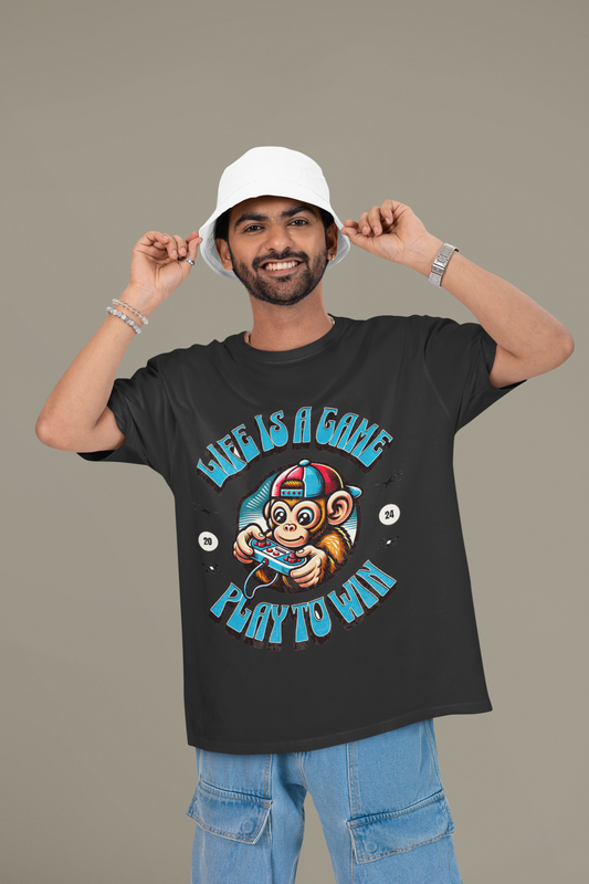 Gamer Monkey Graphic Print Unisex Black Oversized T-Shirt