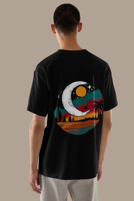 Retro Sunset & Moon Graphic Black Uinsex Oversized T-Shirt – Beach & Nature Aesthetic